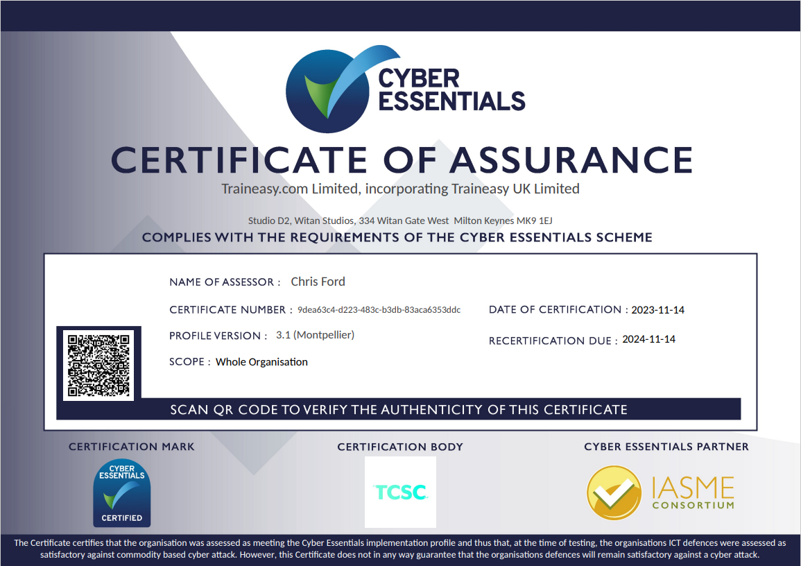 Traineasy Cyber Essentials Certificate